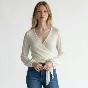 Free Kisses Cream Ribbed Wrap Top